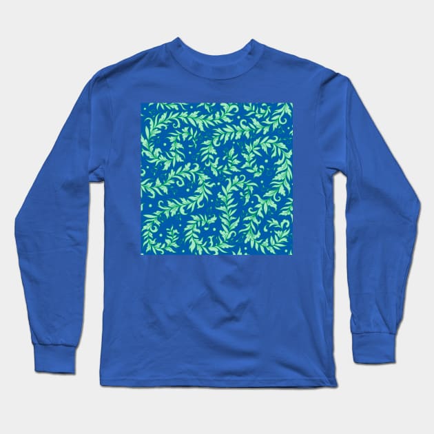 Lacy Leaves Green and Blue Long Sleeve T-Shirt by HLeslie Design